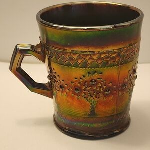 Fenton orange tree cobalt blue carnival glass mug